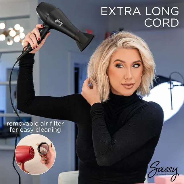 Alt view image 6 of 7 - Sassy Ceramic Ion Hair Dryer, 1875-Watt Salon Dryer with Concentrator and Diffuser, Multiple Heat Settings and Cool Shot (Black)