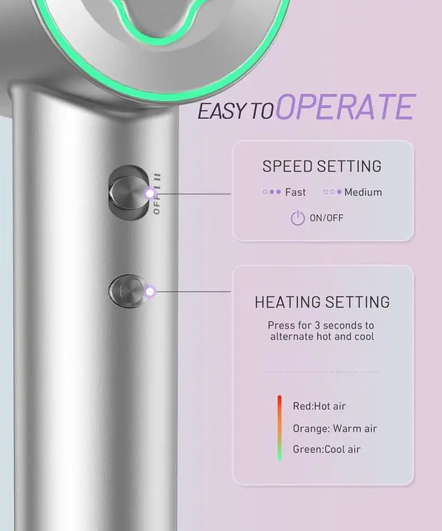 Alt view image 3 of 7 - Hair Dryer - 150000 RPM High-Speed Brushless Motor Negative Ionic Blow Dryer for Fast Drying, Low Noise Thermo-Control Hair Dryer with Diffuser and Nozzle, Silvery