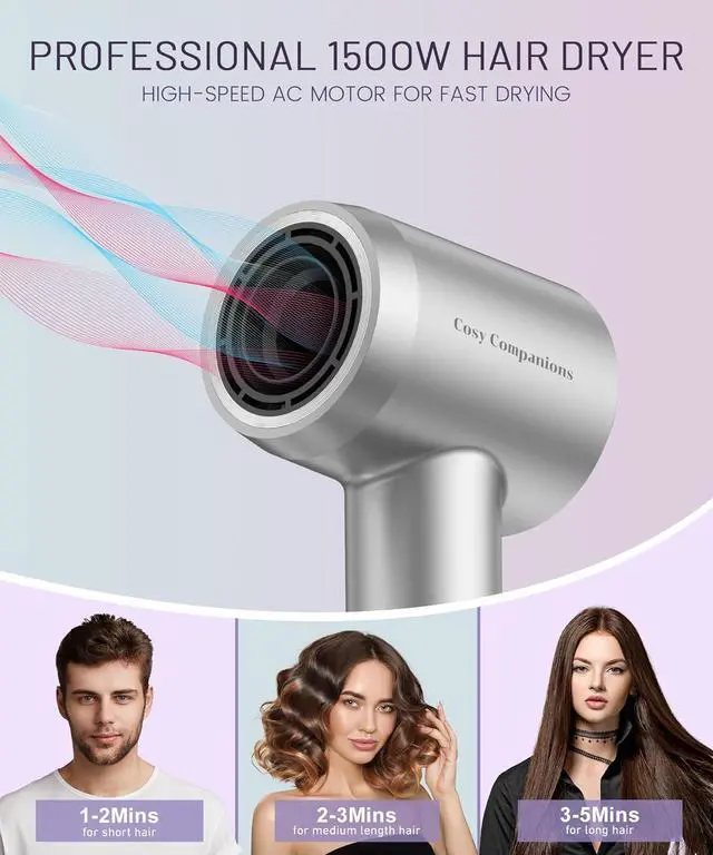 Alt view image 5 of 7 - Hair Dryer - 150000 RPM High-Speed Brushless Motor Negative Ionic Blow Dryer for Fast Drying, Low Noise Thermo-Control Hair Dryer with Diffuser and Nozzle, Silvery