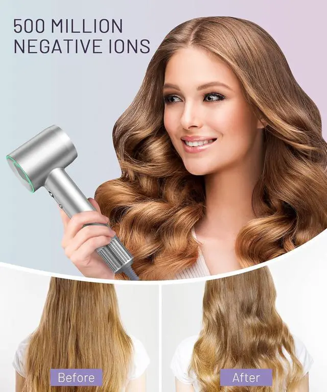 Alt view image 6 of 7 - Hair Dryer - 150000 RPM High-Speed Brushless Motor Negative Ionic Blow Dryer for Fast Drying, Low Noise Thermo-Control Hair Dryer with Diffuser and Nozzle, Silvery