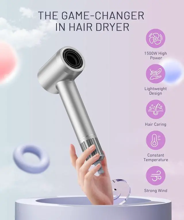 Alt view image 7 of 7 - Hair Dryer - 150000 RPM High-Speed Brushless Motor Negative Ionic Blow Dryer for Fast Drying, Low Noise Thermo-Control Hair Dryer with Diffuser and Nozzle, Silvery