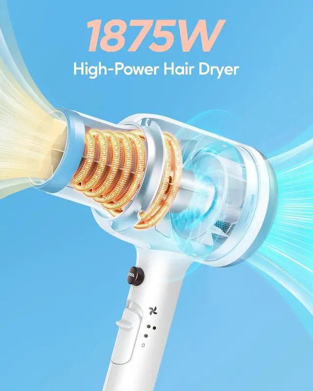 Alt view image 3 of 6 - Wavytalk Hair Dryer with Diffuser and Concentrator Professional 1875 Watt Negative Ions Dryer Fast Drying Light and Quiet with Ceramic Technology Nozzle for Women Curly Hair, Matte White