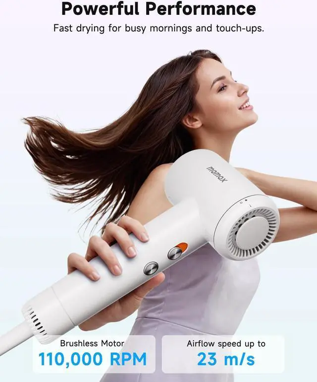 Alt view image 2 of 5 - momax High-Speed Hair Dryer - Mini Blow Dryer with 110,000 RPM Brushless Motor, Negative Ionic for Fast Drying, Low Noise, Portable with Magnetic Nozzle, Lightweight Design for Home and Travel