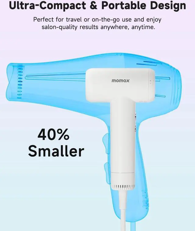 Alt view image 4 of 5 - momax High-Speed Hair Dryer - Mini Blow Dryer with 110,000 RPM Brushless Motor, Negative Ionic for Fast Drying, Low Noise, Portable with Magnetic Nozzle, Lightweight Design for Home and Travel