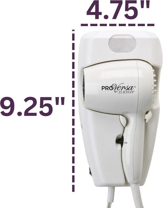 Alt view image 3 of 3 - Jerdon Wall-Mount Hair Dryer - White Plug-in Hotel Style with 32 Power Cord - Wall Mounted JWM8C