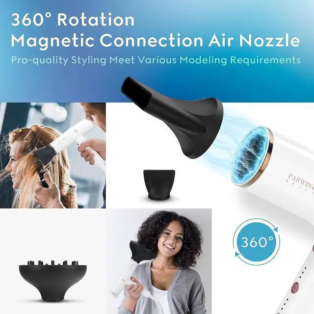 Alt view image 4 of 7 - Hair Blow Dryer with Diffuser, IG INGLAM Professional High Speed Brushless Motor Negative Ion Low Noise Constant Temperature, 3 Heat Settings 3 Speeds and Cool Shot Brutton Powerful Ionic Hair Dryer