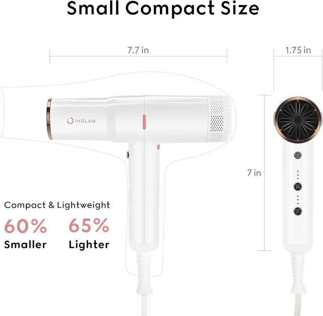 Alt view image 6 of 7 - Hair Blow Dryer with Diffuser, IG INGLAM Professional High Speed Brushless Motor Negative Ion Low Noise Constant Temperature, 3 Heat Settings 3 Speeds and Cool Shot Brutton Powerful Ionic Hair Dryer