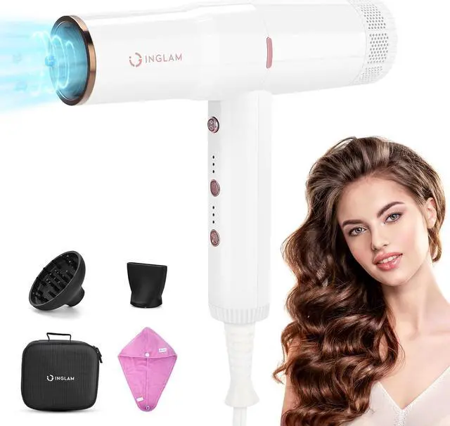 Main image of Hair Blow Dryer with Diffuser, IG INGLAM Professional High Speed Brushless Motor Negative Ion Low Noise Constant Temperature, 3 Heat Settings 3 Speeds and Cool Shot Brutton Powerful Ionic Hair Dryer