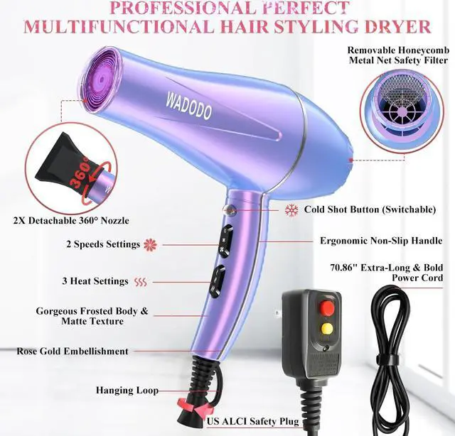 Alt view image 3 of 7 - WADODO Ionic Hair Dryer, 2200W Professional Blow Dryer Fast Drying Travel Hair Dryer, AC Motor Constant Temperature Low Noise Hair Dryers Curly Hair Hairdryer Blowdryer for Women Men(Mermaid Color)