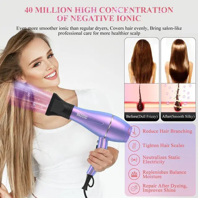 Alt view image 4 of 7 - WADODO Ionic Hair Dryer, 2200W Professional Blow Dryer Fast Drying Travel Hair Dryer, AC Motor Constant Temperature Low Noise Hair Dryers Curly Hair Hairdryer Blowdryer for Women Men(Mermaid Color)