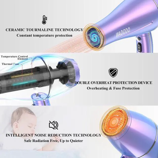 Alt view image 5 of 7 - WADODO Ionic Hair Dryer, 2200W Professional Blow Dryer Fast Drying Travel Hair Dryer, AC Motor Constant Temperature Low Noise Hair Dryers Curly Hair Hairdryer Blowdryer for Women Men(Mermaid Color)