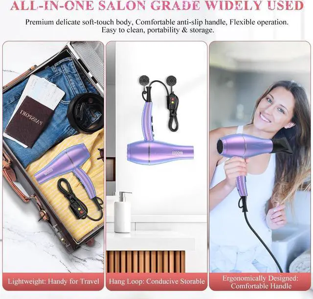 Alt view image 7 of 7 - WADODO Ionic Hair Dryer, 2200W Professional Blow Dryer Fast Drying Travel Hair Dryer, AC Motor Constant Temperature Low Noise Hair Dryers Curly Hair Hairdryer Blowdryer for Women Men(Mermaid Color)