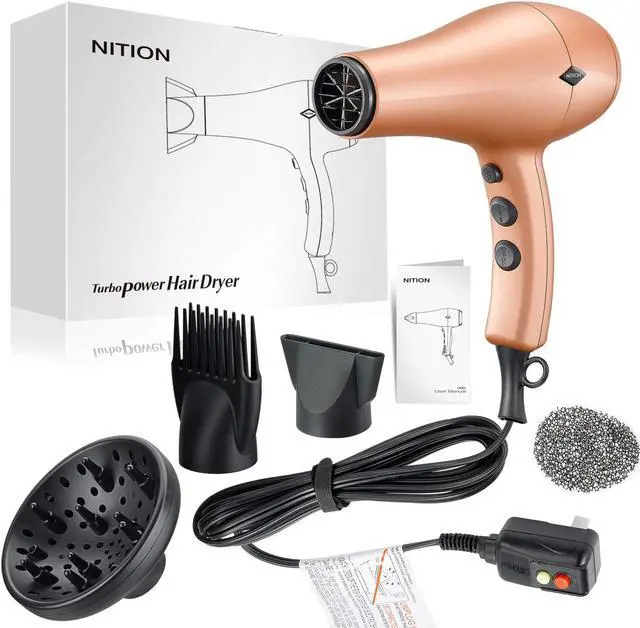 Alt view image 7 of 7 - NITION Negative Ions Ceramic Hair Dryer with Diffuser Attachment Ionic Blow Dryer Quick Drying,1875 Watt 2 Speed / 3 Heat Settings,Cool Shot Button,Lightweight,Champagne Gold