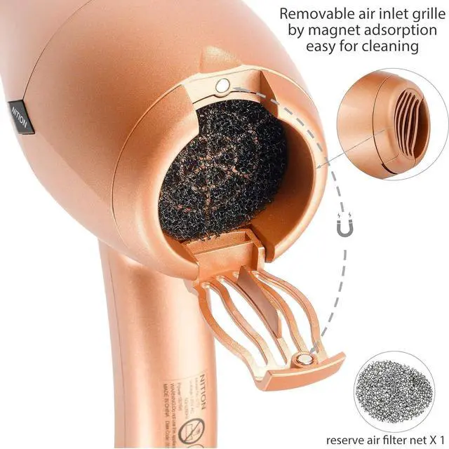 Alt view image 5 of 7 - NITION Negative Ions Ceramic Hair Dryer with Diffuser Attachment Ionic Blow Dryer Quick Drying,1875 Watt 2 Speed / 3 Heat Settings,Cool Shot Button,Lightweight,Champagne Gold