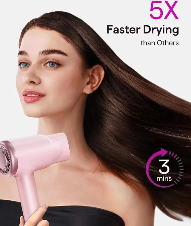 Alt view image 2 of 7 - Hair Dryer, Wavytalk Hair Dryer with Diffuser Pro Fast Drying Hair Dryer 110,000 RPM with Magnetic Attachments, Professional Ionic Lightweight Hair Dryer Blow Dryer with 3 Speeds & 3 Temps, Pink