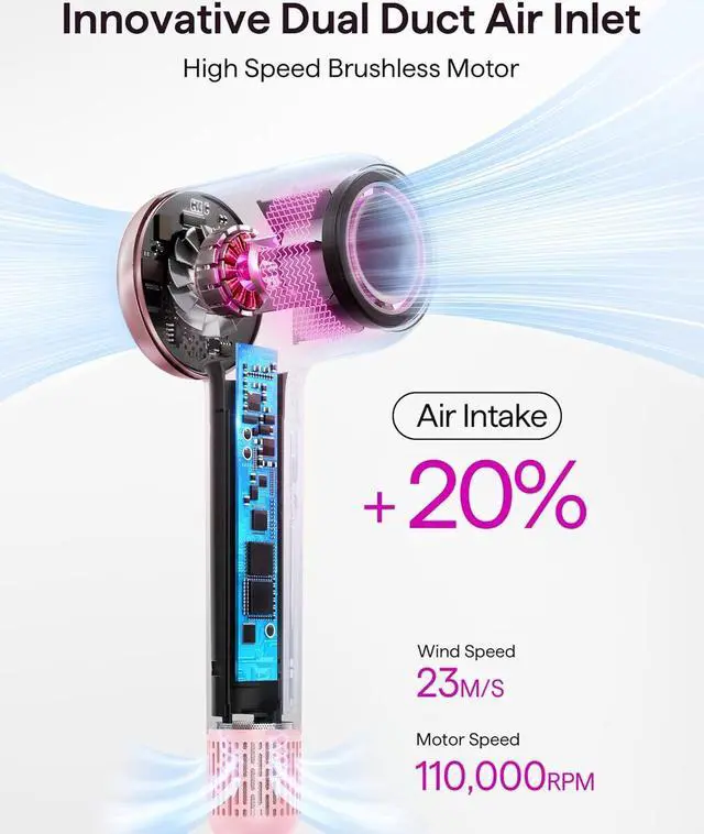 Alt view image 4 of 7 - Hair Dryer, Wavytalk Hair Dryer with Diffuser Pro Fast Drying Hair Dryer 110,000 RPM with Magnetic Attachments, Professional Ionic Lightweight Hair Dryer Blow Dryer with 3 Speeds & 3 Temps, Pink