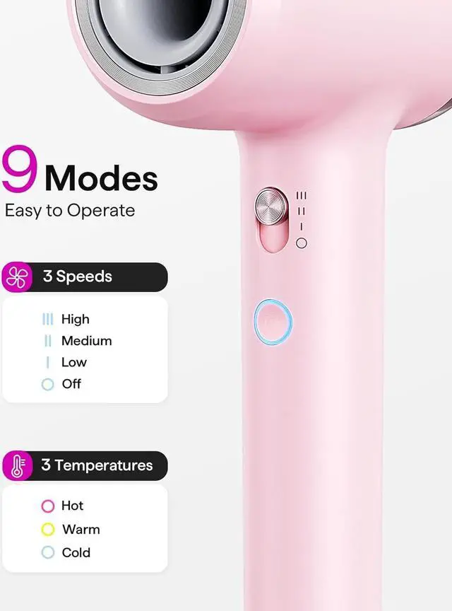 Alt view image 5 of 7 - Hair Dryer, Wavytalk Hair Dryer with Diffuser Pro Fast Drying Hair Dryer 110,000 RPM with Magnetic Attachments, Professional Ionic Lightweight Hair Dryer Blow Dryer with 3 Speeds & 3 Temps, Pink