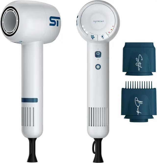 Main image of Supreme Trimmer Hair Dryer Negative Ion 110,000 RPM | Fast Drying & Low Noise Blow Dryer 1400W Brushless Motor | Magnetic Attachments, 3 Heat & 3 Speed Settings + Cool Shot | SHD347 White