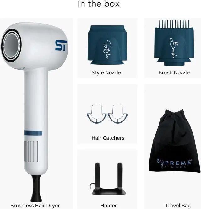 Alt view image 4 of 7 - Supreme Trimmer Hair Dryer Negative Ion 110,000 RPM | Fast Drying & Low Noise Blow Dryer 1400W Brushless Motor | Magnetic Attachments, 3 Heat & 3 Speed Settings + Cool Shot | SHD347 White