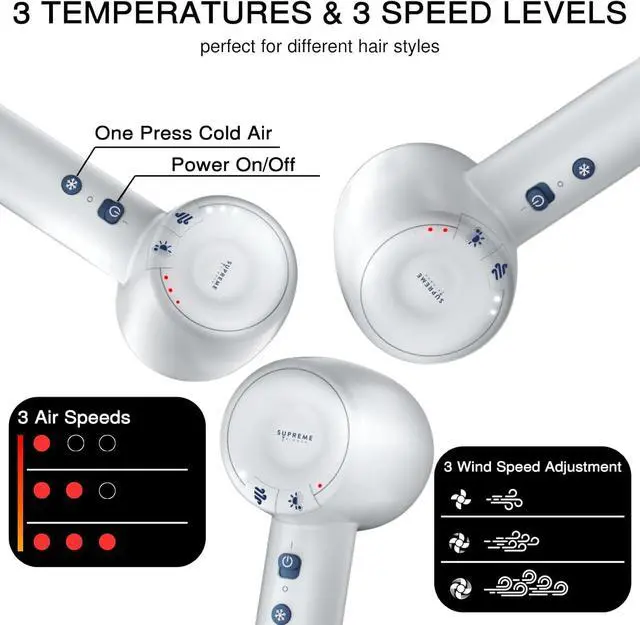 Alt view image 5 of 7 - Supreme Trimmer Hair Dryer Negative Ion 110,000 RPM | Fast Drying & Low Noise Blow Dryer 1400W Brushless Motor | Magnetic Attachments, 3 Heat & 3 Speed Settings + Cool Shot | SHD347 White