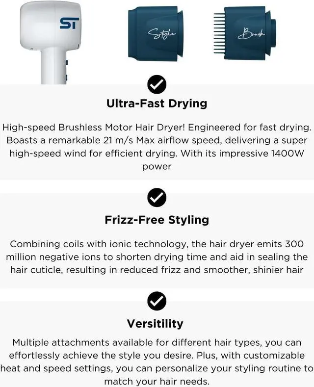 Alt view image 7 of 7 - Supreme Trimmer Hair Dryer Negative Ion 110,000 RPM | Fast Drying & Low Noise Blow Dryer 1400W Brushless Motor | Magnetic Attachments, 3 Heat & 3 Speed Settings + Cool Shot | SHD347 White