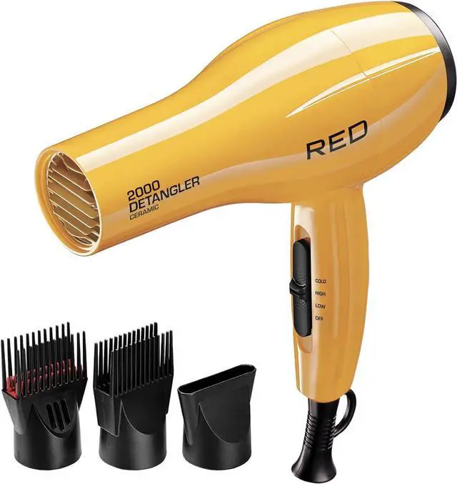 Main image of RED by KISS 2000 Ceramic Hair Dryer, Professional Salon Blow Dryer 3 Attachments Included, 2 Detangler Piks, 1 Air Concentrator (Yellow)