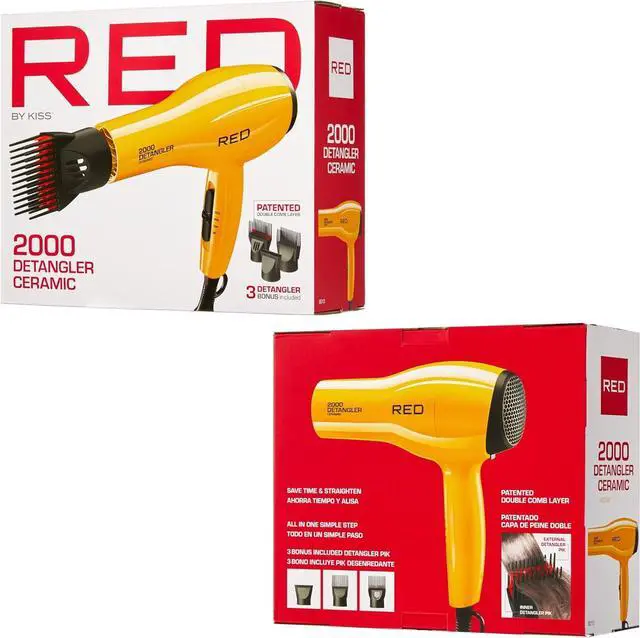 Alt view image 5 of 7 - RED by KISS 2000 Ceramic Hair Dryer, Professional Salon Blow Dryer 3 Attachments Included, 2 Detangler Piks, 1 Air Concentrator (Yellow)