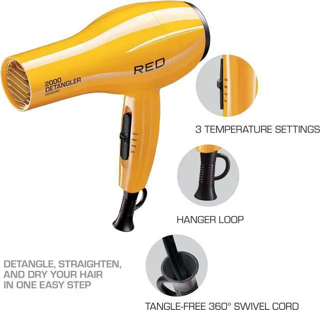 Alt view image 3 of 7 - RED by KISS 2000 Ceramic Hair Dryer, Professional Salon Blow Dryer 3 Attachments Included, 2 Detangler Piks, 1 Air Concentrator (Yellow)