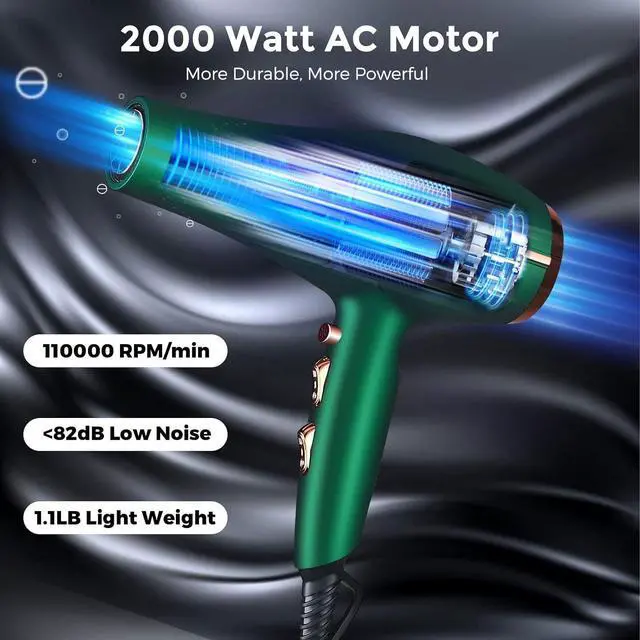Alt view image 2 of 6 - 2000 Watt Negative Ionic Hair Dryer, Professional Salon Blow Dryer, Low Noise Fast Drying & Powerful AC Motor and Diffuser Comb for Men Women,3 Heat & 2 Speed Settings, Easy to Use- Green