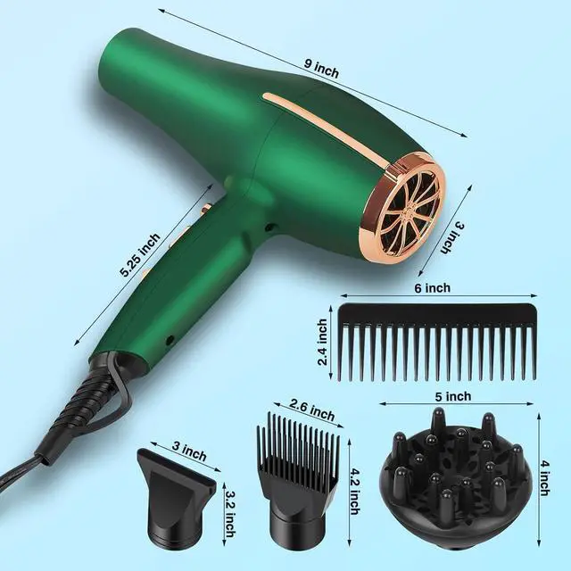 Alt view image 3 of 6 - 2000 Watt Negative Ionic Hair Dryer, Professional Salon Blow Dryer, Low Noise Fast Drying & Powerful AC Motor and Diffuser Comb for Men Women,3 Heat & 2 Speed Settings, Easy to Use- Green