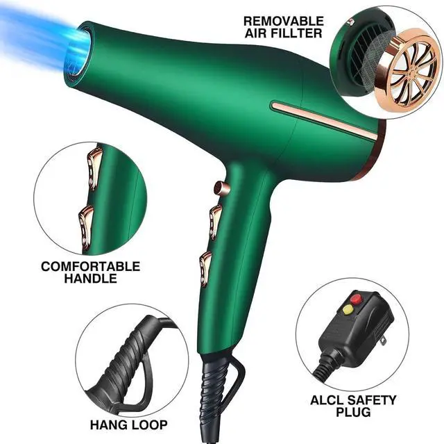 Alt view image 4 of 6 - 2000 Watt Negative Ionic Hair Dryer, Professional Salon Blow Dryer, Low Noise Fast Drying & Powerful AC Motor and Diffuser Comb for Men Women,3 Heat & 2 Speed Settings, Easy to Use- Green