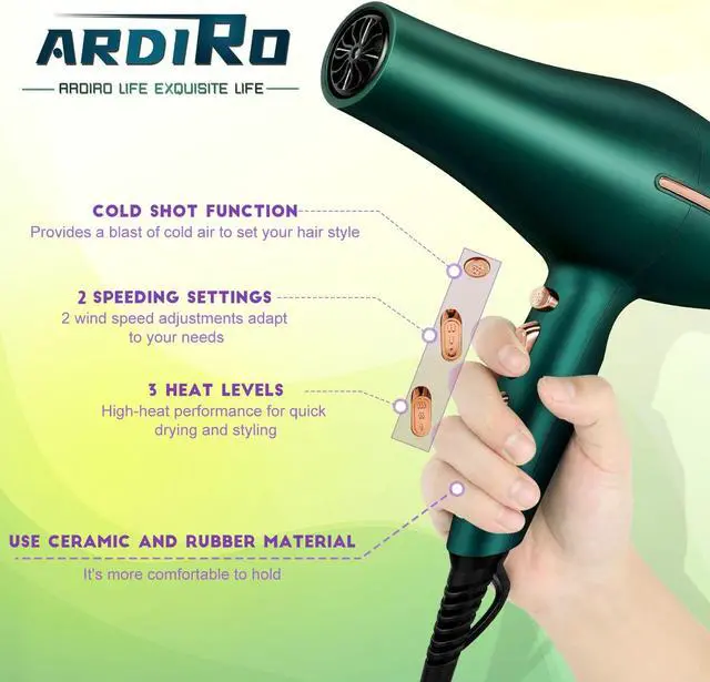 Alt view image 5 of 6 - 2000 Watt Negative Ionic Hair Dryer, Professional Salon Blow Dryer, Low Noise Fast Drying & Powerful AC Motor and Diffuser Comb for Men Women,3 Heat & 2 Speed Settings, Easy to Use- Green