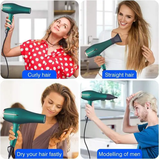 Alt view image 6 of 6 - 2000 Watt Negative Ionic Hair Dryer, Professional Salon Blow Dryer, Low Noise Fast Drying & Powerful AC Motor and Diffuser Comb for Men Women,3 Heat & 2 Speed Settings, Easy to Use- Green