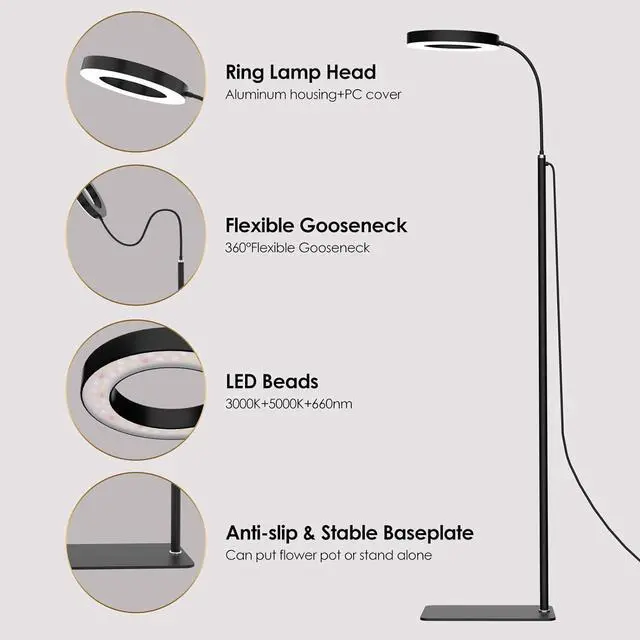 Alt view image 2 of 7 - Grow Lights for Indoor Plants, 20W Full Spectrum LED Grow Light Floor Lamp with Stand Adjustable Height and Angle, Black Plant Light with 3/9/12H Grow Light Timer