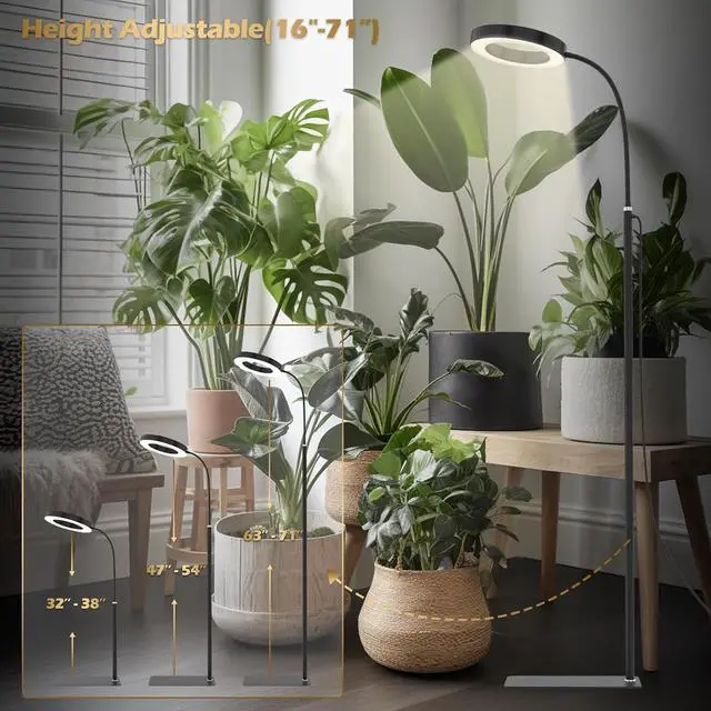 Alt view image 3 of 7 - Grow Lights for Indoor Plants, 20W Full Spectrum LED Grow Light Floor Lamp with Stand Adjustable Height and Angle, Black Plant Light with 3/9/12H Grow Light Timer