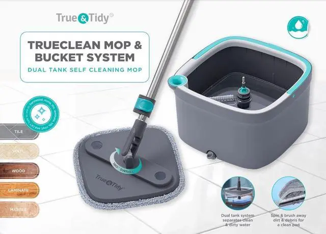 Alt view image 2 of 7 - True & Tidy True Clean Mop and Bucket System, Includes Square Spin Mop, Dual Compartment Mop Bucket and 2 Thick Machine Washable Mop Pads (Spin Mop with Gift Box)