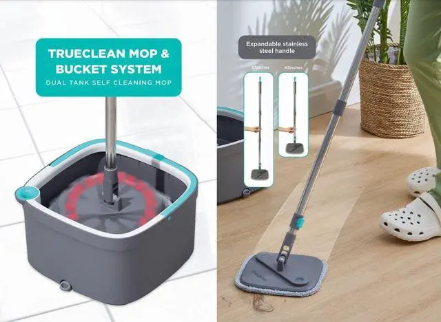 Alt view image 3 of 7 - True & Tidy True Clean Mop and Bucket System, Includes Square Spin Mop, Dual Compartment Mop Bucket and 2 Thick Machine Washable Mop Pads (Spin Mop with Gift Box)