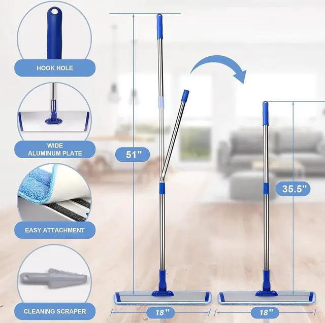 Alt view image 3 of 7 - 18" Professional Microfiber Mop Floor Cleaning System, Flat Mop with Stainless Steel Handle, 4 Reusable Washable Mop Pads, Wet and Dust Mopping for Hardwood, Vinyl, Laminate, Tile Cleaning