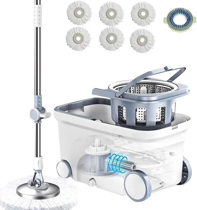 Main image of Spin Mop Bucket Deluxe 360 Spinning Floor Cleaning System with 6 Microfiber Replacement Head Refills,62" Extended Handle,4X Wheel for Home Cleaning