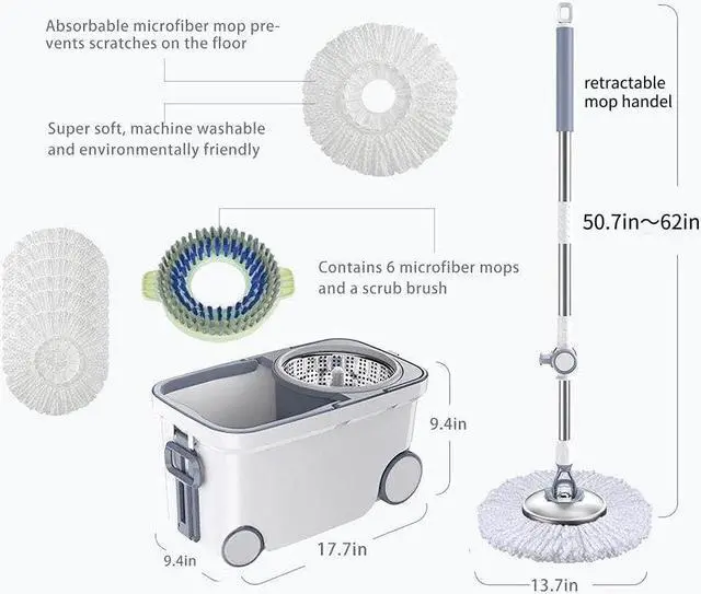 Alt view image 2 of 5 - Spin Mop Bucket Deluxe 360 Spinning Floor Cleaning System with 6 Microfiber Replacement Head Refills,62" Extended Handle,4X Wheel for Home Cleaning