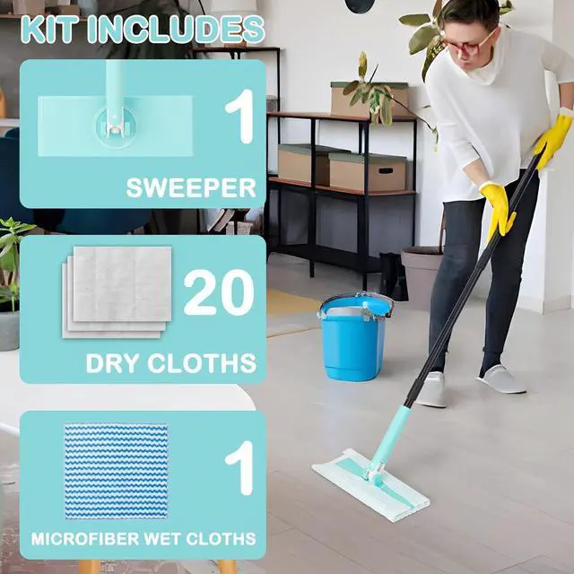 Alt view image 2 of 7 - KeFanta Sweeper Mops for Floor Cleaning, 2-in-1 Mops Kit Compatible with Swiffer Pads, Disposable Dust Mop with 20 Dry Cloths, 1 Washable Microfiber Cloth for Hardwood Kitchen Bathroom Pet Hair