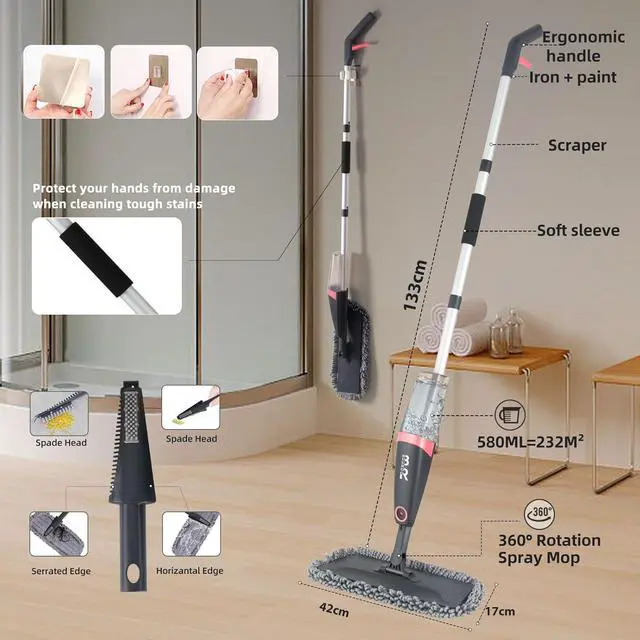 Alt view image 5 of 7 - Microfiber Spray Mop for Floor Cleaning Dry Wet Dust Mop for Kitchen Wood Floor Hardwood Laminate Ceramic Tiles 360 Degree Mop Set with 4 Mop Heads Replacement 1 Scraper 1 Mop Holder 1 Bottle