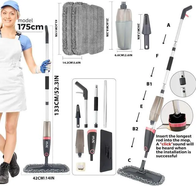 Alt view image 6 of 7 - Microfiber Spray Mop for Floor Cleaning Dry Wet Dust Mop for Kitchen Wood Floor Hardwood Laminate Ceramic Tiles 360 Degree Mop Set with 4 Mop Heads Replacement 1 Scraper 1 Mop Holder 1 Bottle