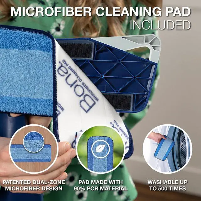Alt view image 2 of 5 - Bona Premium Microfiber Floor Mop for Dry and Wet Floor Cleaning - Includes Microfiber Cleaning Pad and Microfiber Dusting Pad - Dual Zone Cleaning Design for Faster Cleanup