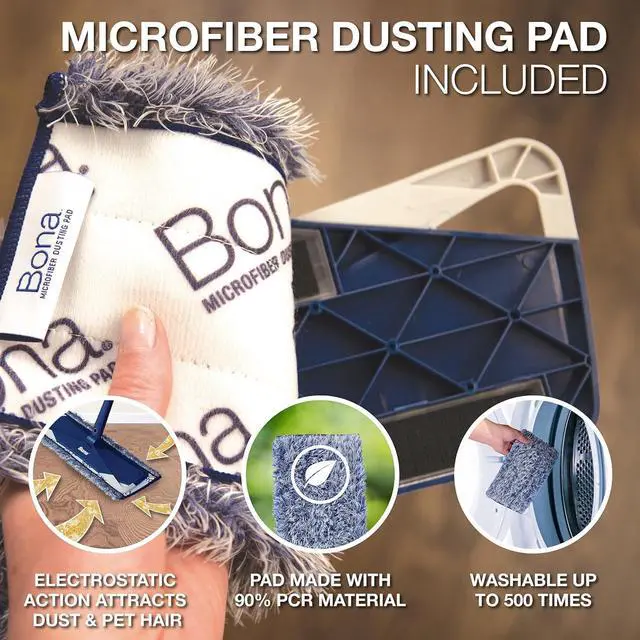 Alt view image 3 of 5 - Bona Premium Microfiber Floor Mop for Dry and Wet Floor Cleaning - Includes Microfiber Cleaning Pad and Microfiber Dusting Pad - Dual Zone Cleaning Design for Faster Cleanup