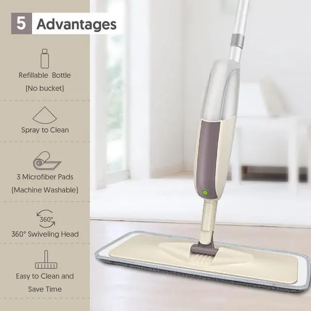 Alt view image 2 of 6 - Spray Mop for Floor Cleaning, HOMTOYOU Floor Mop with a Refillable Bottle and 3 Washable Microfiber Pads, Dry Wet Spray Mop for Home Kitchen Hardwood Laminate Wood Vinyl Ceramic Tiles Floor Cleaning