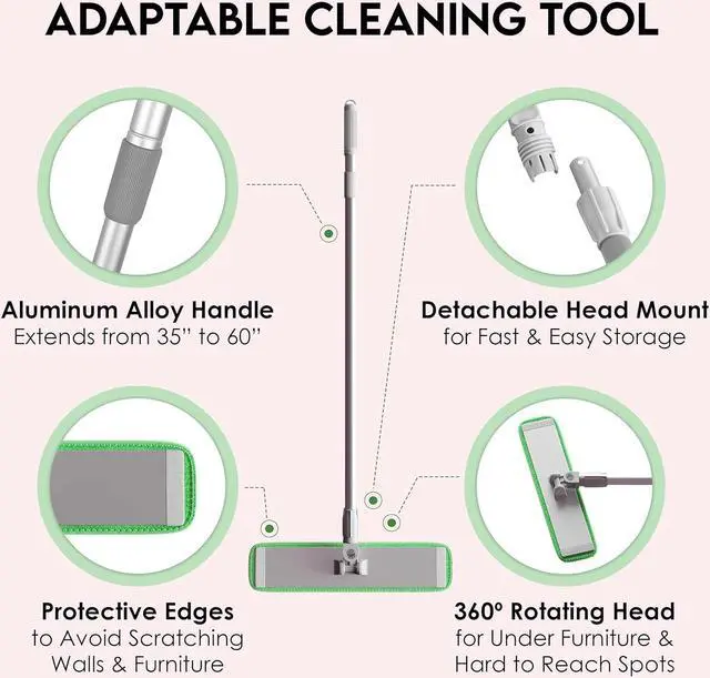 Alt view image 3 of 7 - Turbo Microfiber Mop Floor Cleaning System - 18-inch Dust Mop with 4 Reusable Pads for Hardwood and Tile, 360-Spin Floor Mop Head & Extendable Handle - Household Cleaning Tools