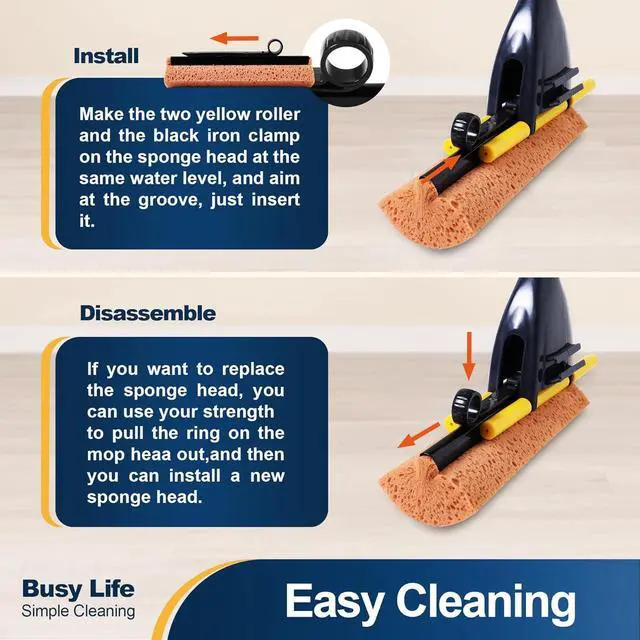 Alt view image 2 of 7 - Yocada Sponge Mop Home Commercial Use Tile Floor Bathroom Garage Cleaning Total 3 Sponge Heads Squeegee and Extendable Telescopic Long Handle 42.5 to 52 Inches Easily Dry Wringing Only 3 Heads