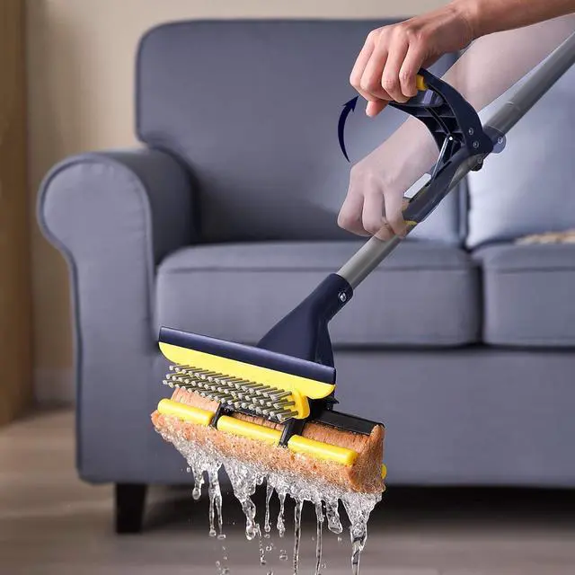 Alt view image 6 of 7 - Yocada Sponge Mop Home Commercial Use Tile Floor Bathroom Garage Cleaning Total 3 Sponge Heads Squeegee and Extendable Telescopic Long Handle 42.5 to 52 Inches Easily Dry Wringing Only 3 Heads