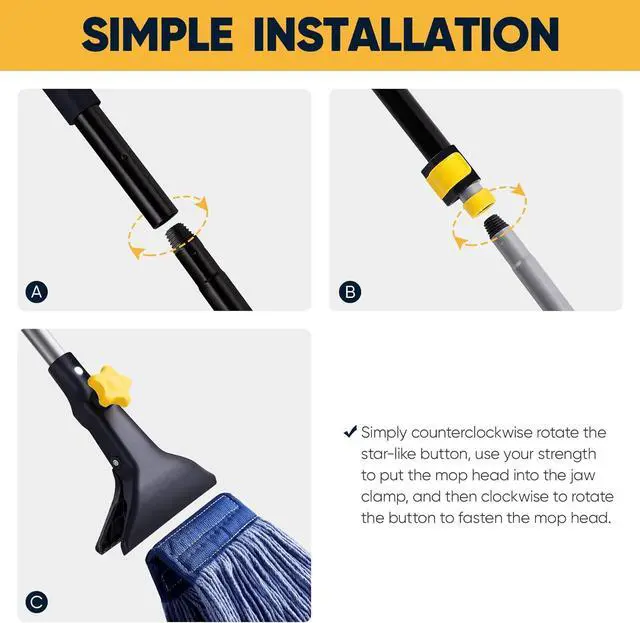 Alt view image 2 of 7 - Yocada Looped-End String Wet Mop Heavy Duty Cotton Mop Commercial Industrial Grade Telescopic Iron Pole Jaw Clamp Floor Cleaning 55.1 inch